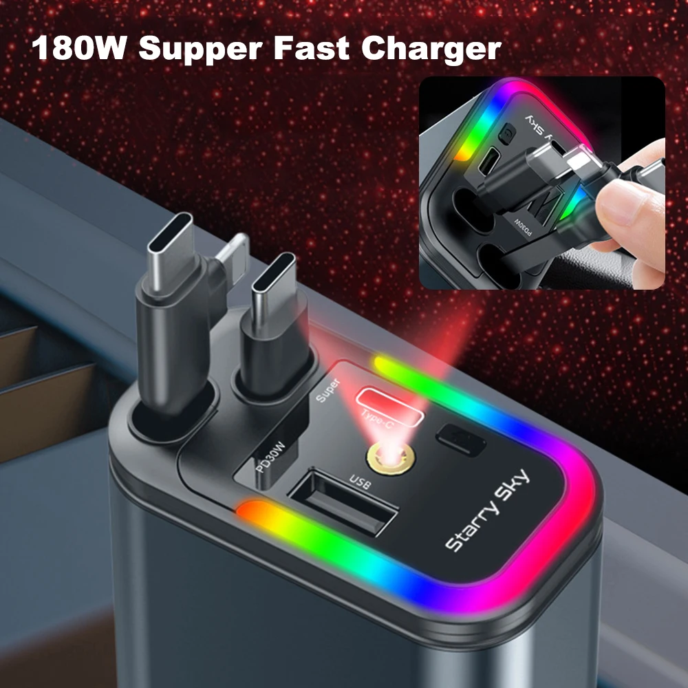 5-in-1 einziehbares Autoladegerät mit Sternenlicht Typ C, 180 W, Autoladegerät, Adapter, Autotelefon-Ladegerät für iPhone und Android Image