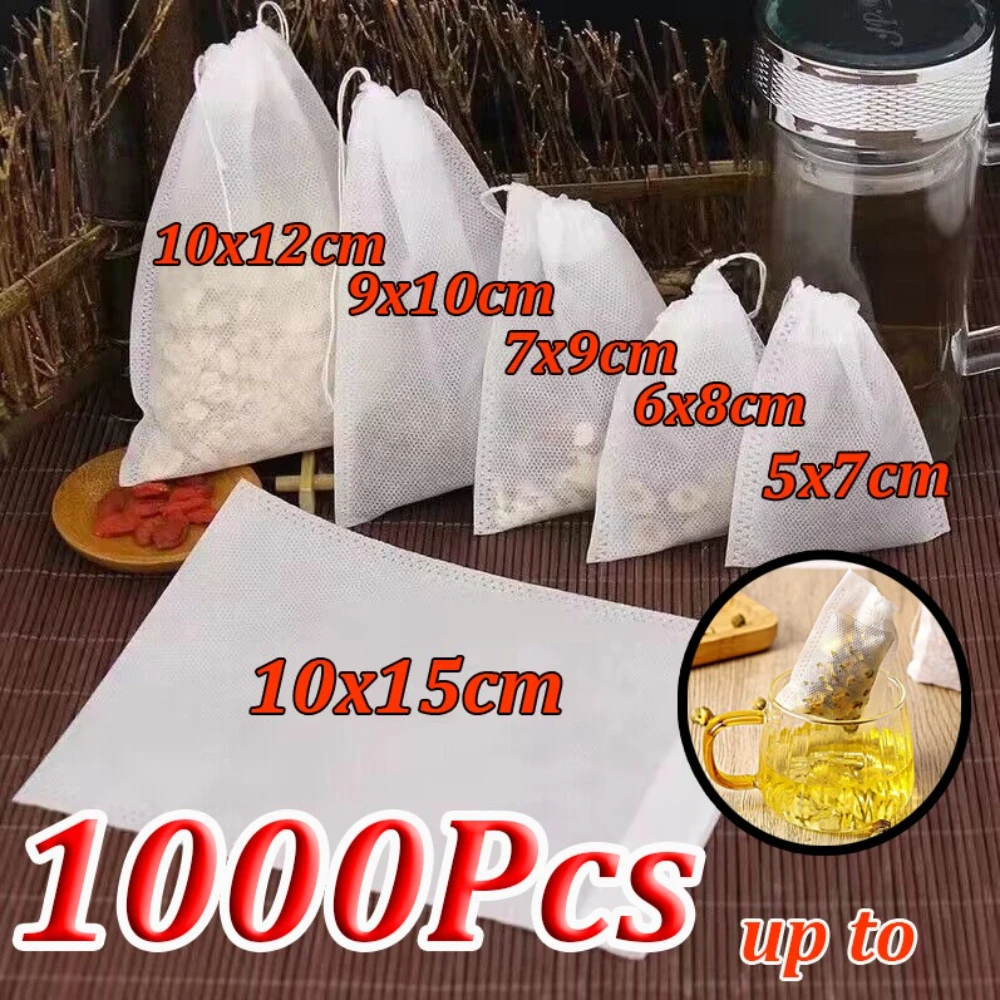 1000-100Pcs Disposable Tea Bags Empty Scented Tea Filter Bags Paper with Drawstring for Coffee Herb Loose Tea Kitchen Tools