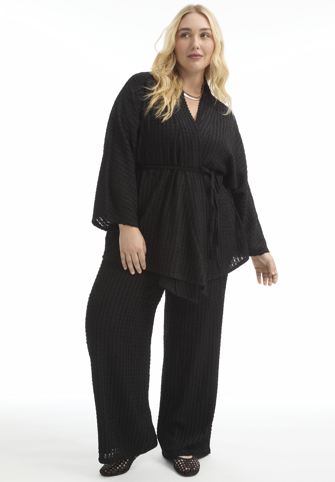 Plus Size Women's Tie Waist Knitted Kimono by June & Vie in Black Onyx (Size 22/24)