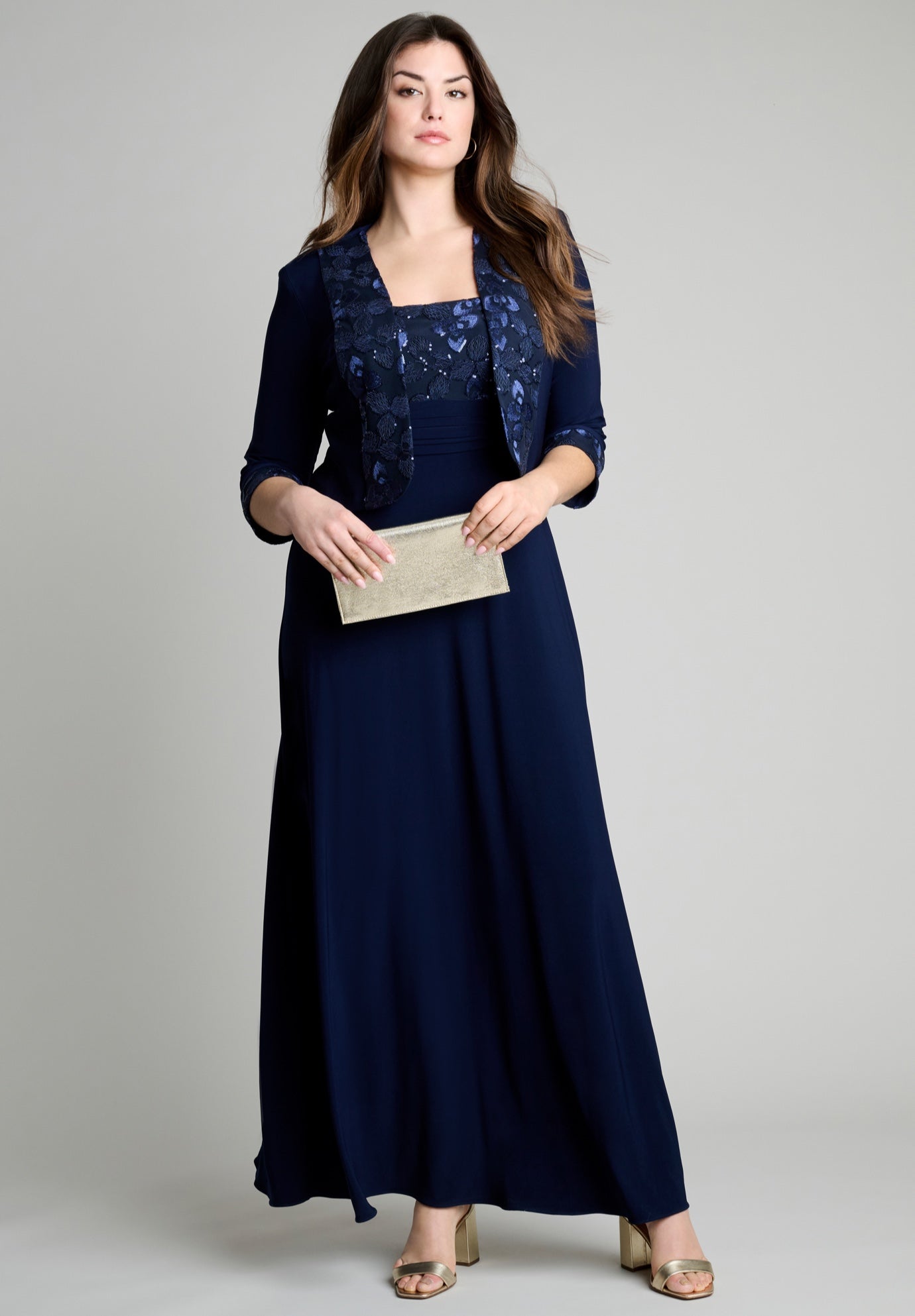 Plus Size Women's Plus-Size 2 Piece 3/4 Sleeve Embellished Jacket and Gown by Roaman's in Navy (Size 16 W)