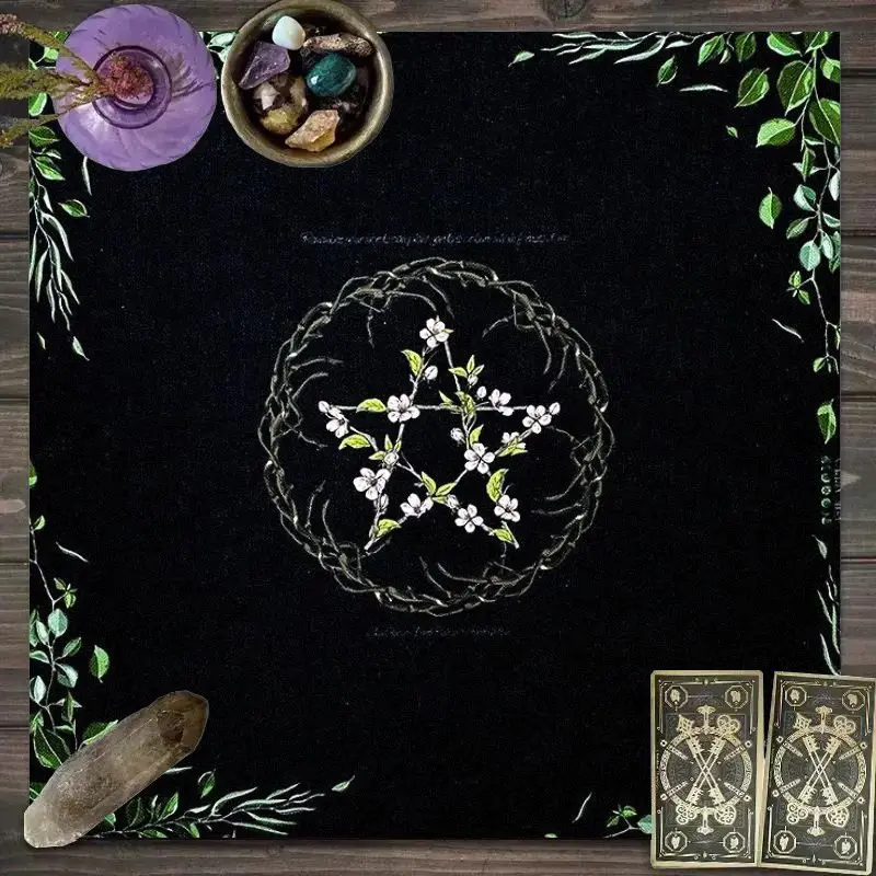 VIKAMA Mystic Astrology Tischdecke, grüne Rebe, weiße Blume, Pentagramm, Kristallformation, schmutzabweisendes Tarot Image