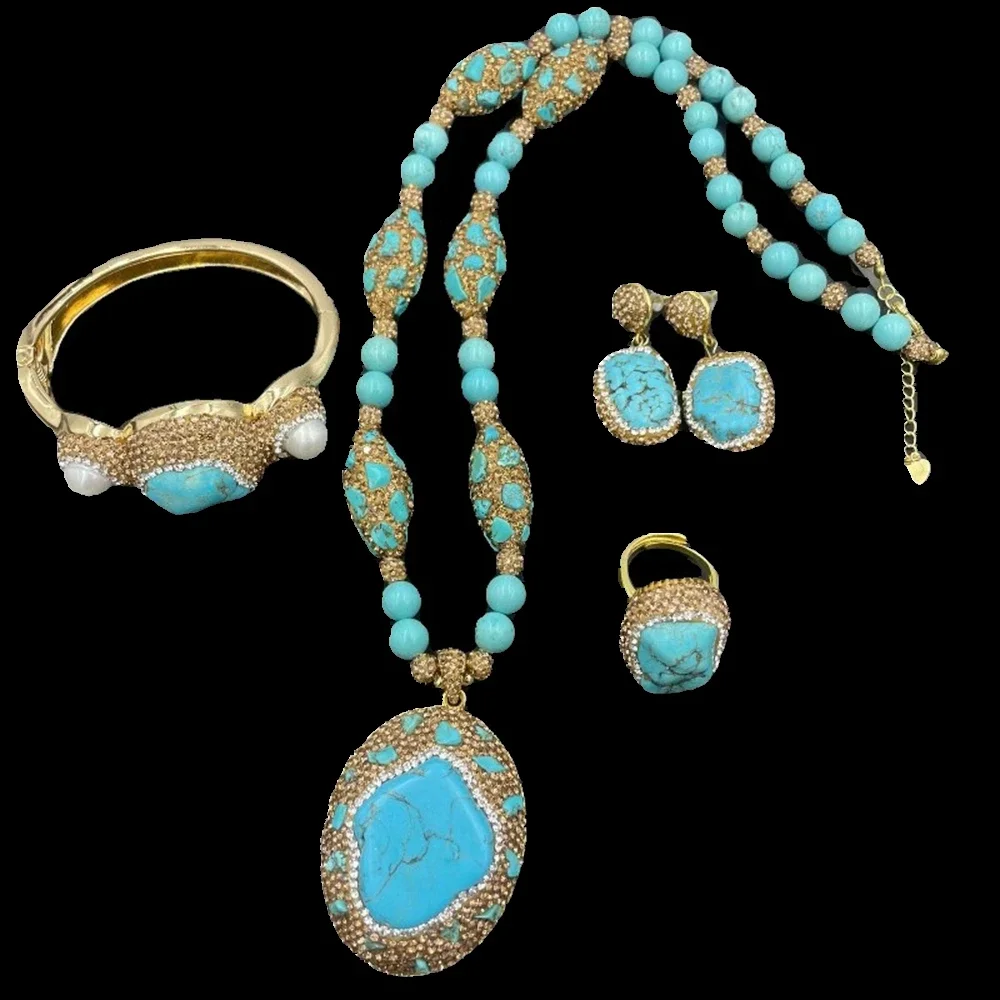 Perla d'acqua dolce naturale blu turchese gioielli turchi donne pietra preziosa collana di cristallo anello orecchino set abito da festa accesso