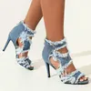 Gebürstet Denim Jeans Stoff Blau Womans Sommer Schuhe Offene spitze 9,5 7cm Spike High Heel Gladiatoren Plus Größe 44 45 46 sandalen Frauen