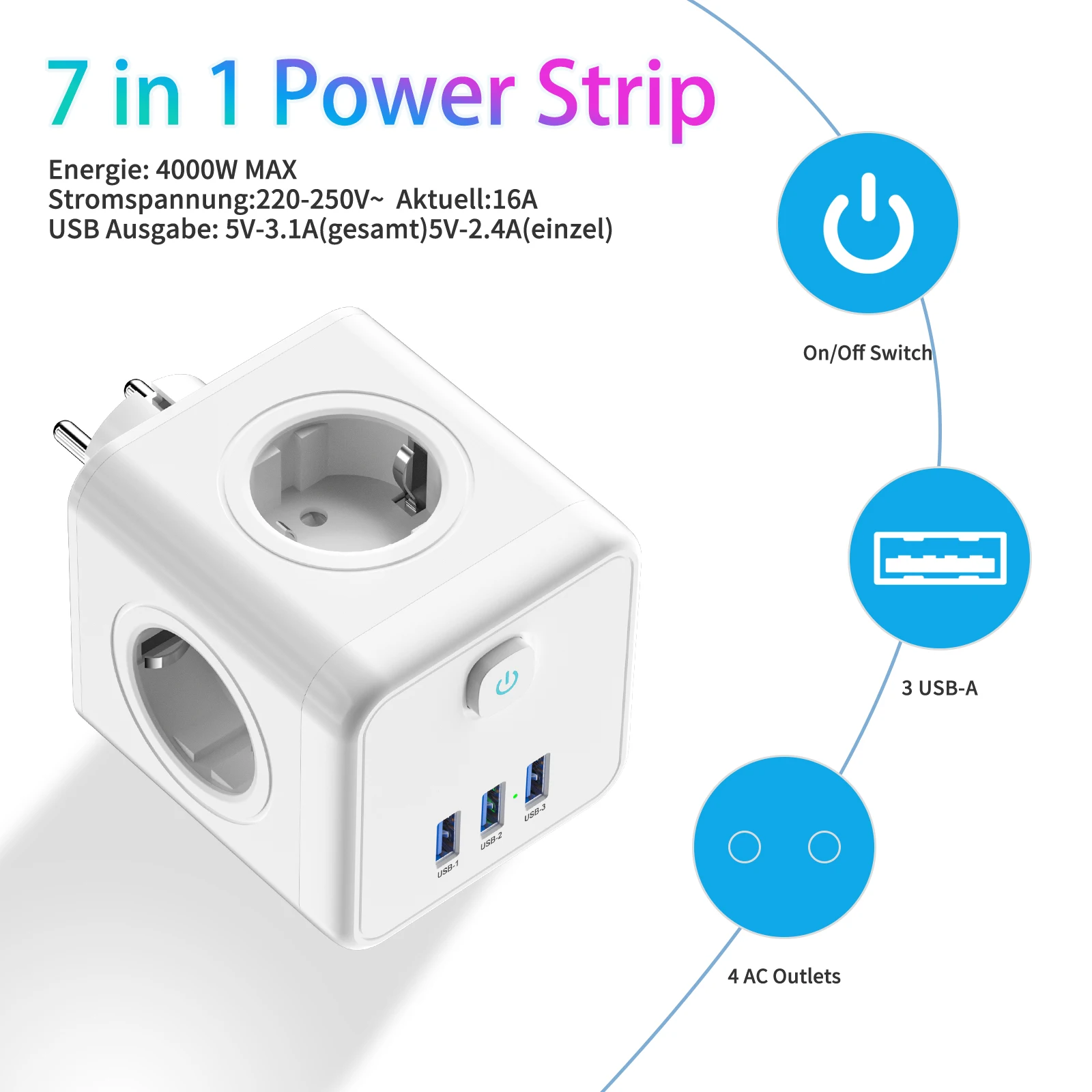 EU-Stecker-Steckdosenleiste, Würfel-Mini-Steckdose mit Ein-/Aus-Schalter, 4 AC-Steckdosen, 3 USB-Anschlüsse, Überlastschutz, 4000 W/16 A, für das Heimbüro Image