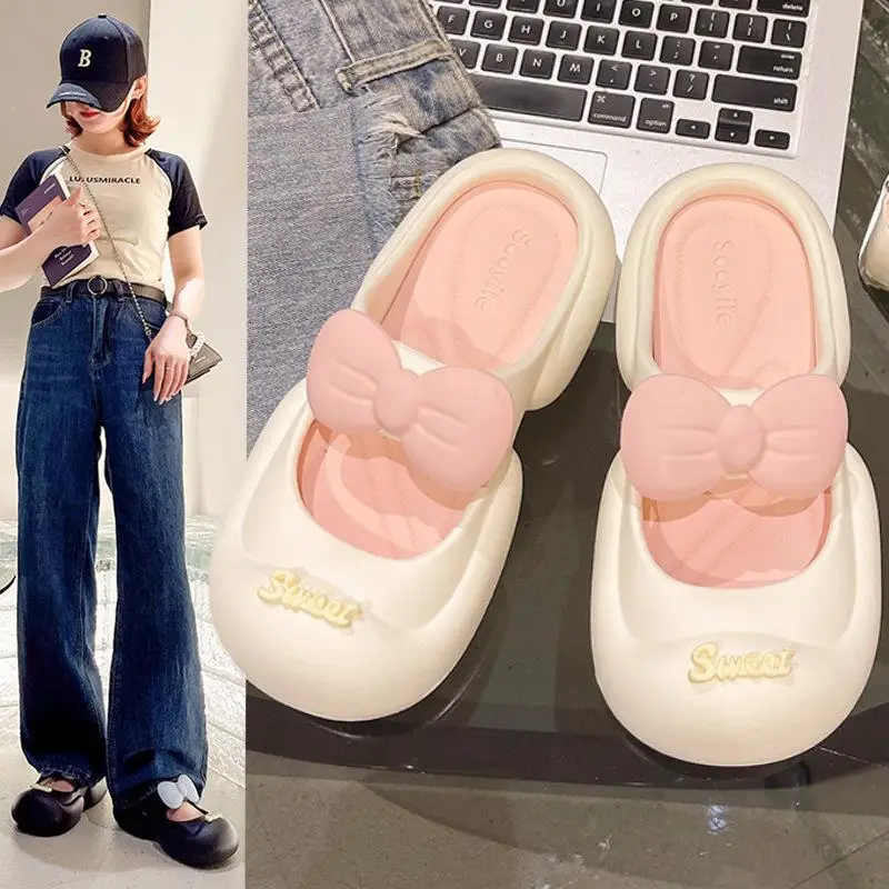 Casual Hausschuhe Frauen Hause Sommer Maultiere Mode Designer Schuhe Mädchen 2025, Cartoon Bogen Nette Plattform Rutschen Wohnungen Indoor Sandalen Image