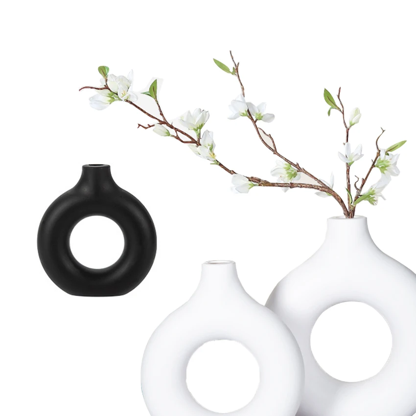 Donut-Pflanzgefäß, Donut-Vase in Keramikoptik, unzerbrechliche PP-Kunststoffvase, Kunststoff-Blumentopf mit einem Stiel für moderne Inneneinrichtung. Image