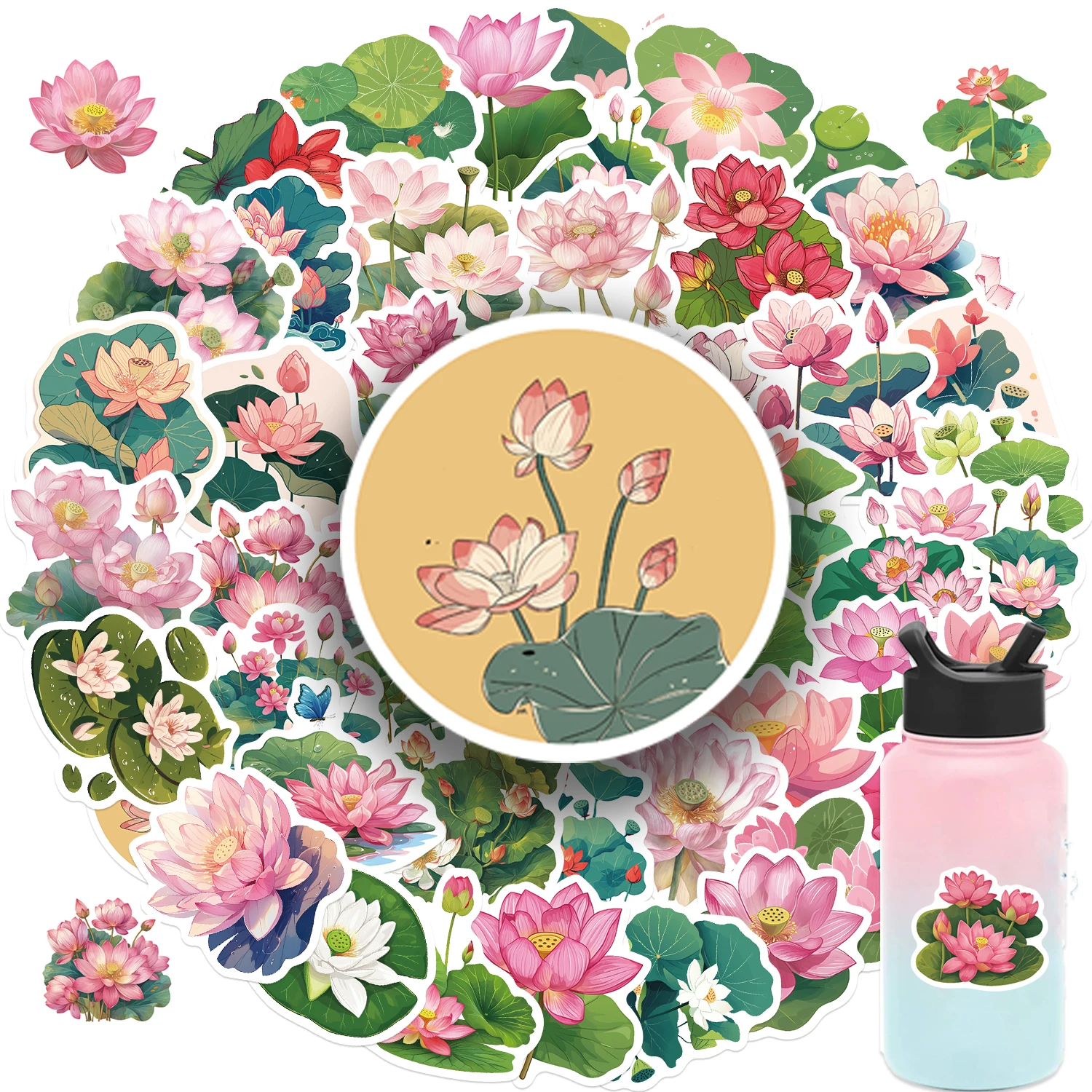50 Stück Lotus-Aufkleber, realistische Blumen-Aufkleber für Zuhause, Küche, Dekor, wiederverwendbare Vinyl-Aufkleber, kreative lustige Aufkleber Image
