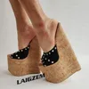 LAIGZEM Frauen Sandalen 10 CM Plattform Keile 25 CM Slip On Pumps Verzierte Steile High Heels Damen Schuhe Frau Große größe 36 42 46 48