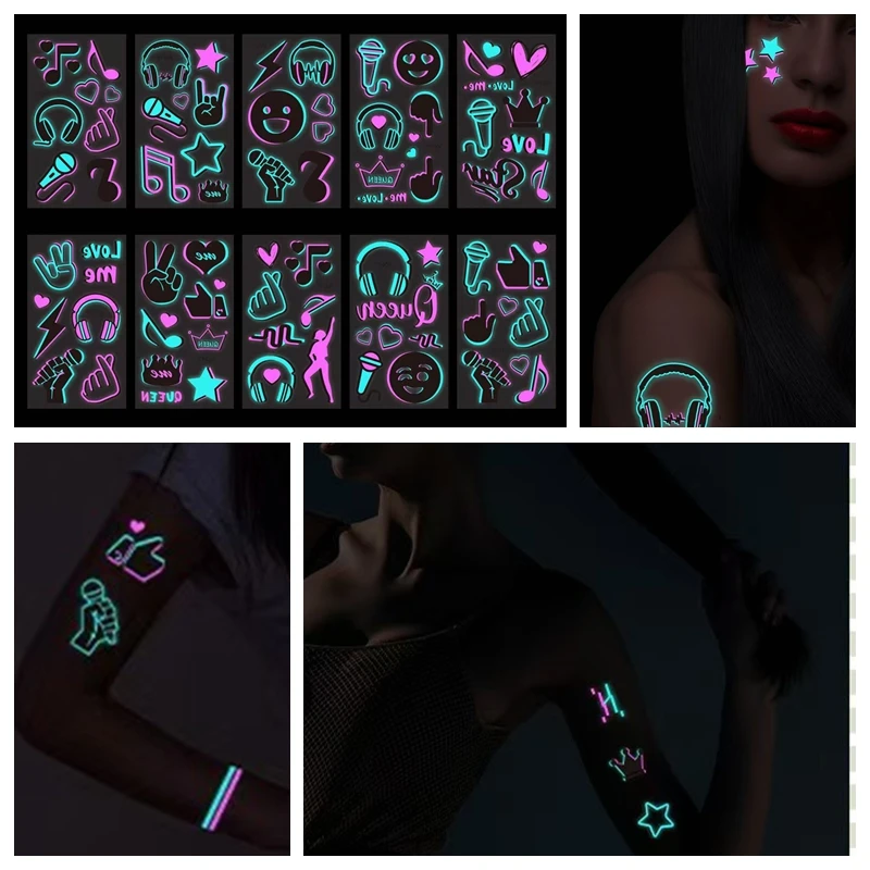 Musik Note Haut Aufkleber Tattoo Temporäre Kopfhörer Wasser Transfer Falsche Tattoo für Körper Arm Hals Gesicht Bein Wasserdichte Tattoo Image