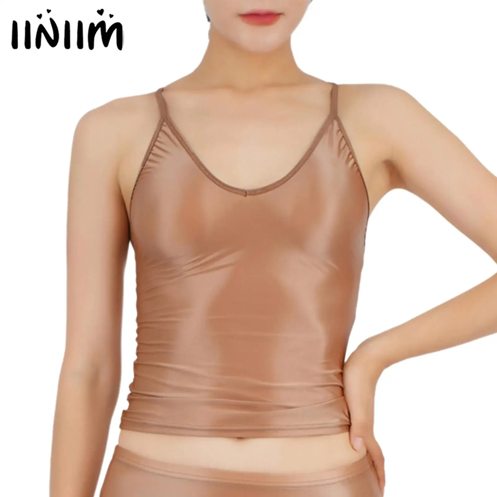 Damen Öl glänzend dehnbar sexy Strumpfhosen Leibchen U-Ausschnitt Sling Slim Fit Tops Crop Tops Weste Yoga Gym Sport Fitness Clubwear Image