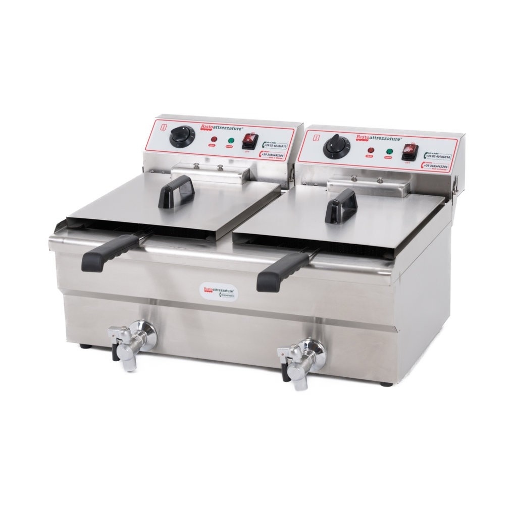 Ristoattrezzature Elektrische Doppelwannenfritteuse, professionell aus Edelstahl – mit Ablasshahn – 16+16 Liter, Ölkapazität 12+12 Liter Image