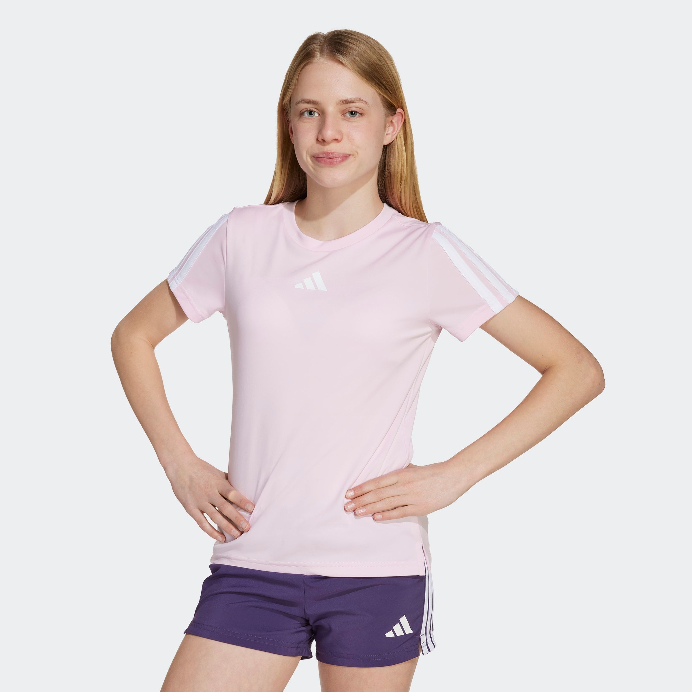 T-Shirt ADIDAS SPORTSWEAR "JG TR-ES 3S TEE", Kinder, Gr. 140, pink (clear pink, weiß), Obermaterial: 100% Polyester, Sportlich, Shirts Image
