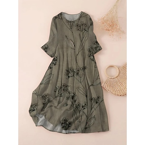 Per donna Abito Midi Vestito T-Shirt Abito a trapezio Abito Estivo Vacanza Casual Spiaggia Data Abito Estivo Vestibilità regolare Floreale Grafico Manica Corta Girocollo Marrone Scuro Nero Bianco