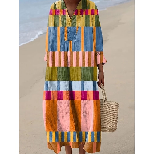 Abito Midi Donna V Neck Maniche Lunghe Kaftan Leggero Fit Largo Abito A-Line Casual Boho Festa Fit Largo Grafico Geometrico Maniche Lunghe V Neck Giallo Rosa Blu Arancio Autunno