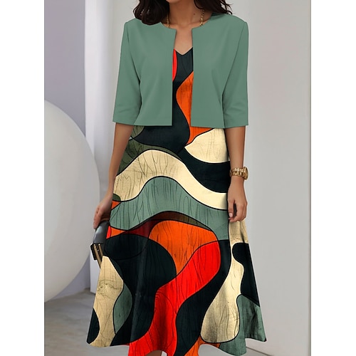 Damen Kleid-Set A Linie Kleid Sommerkleid Lässig Halbformelle Kleider Grafik Geometrie Druck Midikleid Halbarm V Ausschnitt Urlaub Date Schwarz Wein Grün Frühling Herbst Normale Passform Image