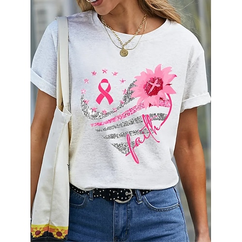 Pacchetto per il cancro al seno a ottobre, indossiamo il rosa, maglietta da donna con grafica e piante, vintage, elegante, classica, a maniche corte, girocollo, girocollo, top normali, per tutti i