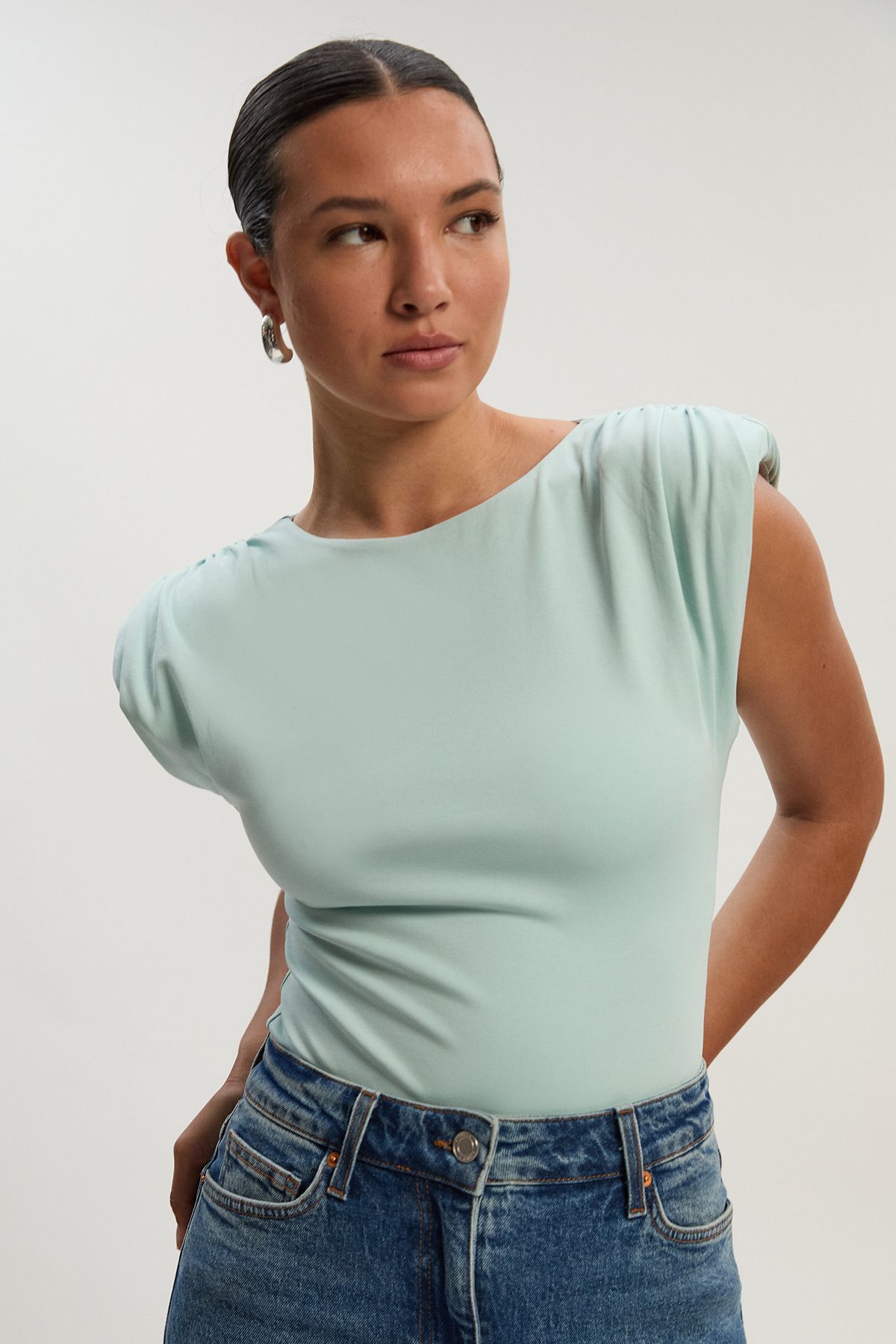 Karen Millen Womens Stretch Jersey Power Shoulder Bodysuit - Blue Cotton - Size Large | Karen Millen Sale | Discount Designer Brands