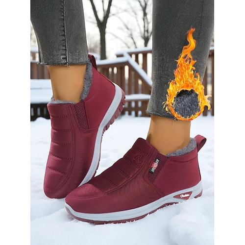 Burgunderrote, wasserdichte Winterstiefel für Damen mit Fleecefutter – warme Schlupf-Schneeschuhe mit rutschfester Sohle für kaltes Wetter, Spaziergänge im Freien und den lässigen Alltag Image