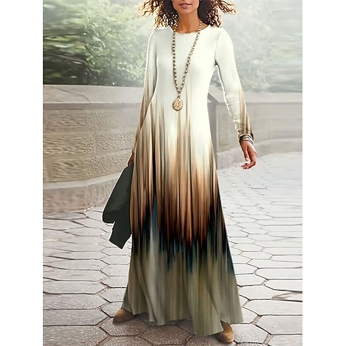Damen Maxi Kleid Vintage Bohemian A-Linie Kleid Rundhalsausschnitt Langarm Lässig Täglicher Regulärer Schnitt Grafisch Paisley Abstrakt Gelb Rot Blau Frühling Herbst Winter Image