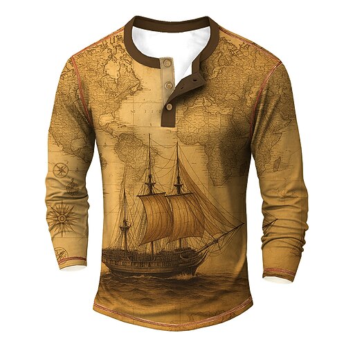 Herren Grafik Vintage Segelboot Henley Hemd T-Shirt Langarm Vintage Mode Designer Lässig Täglich Outdoor Frühling Herbst Ganzjahres Blau Grün Kaki Grau Henley Henley T-Shirt Image