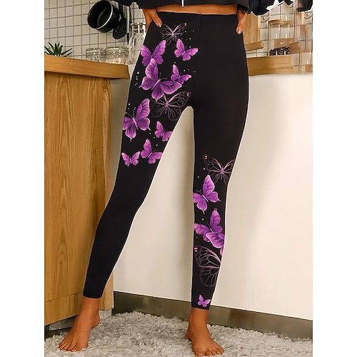 Damen Leggings Urlaub Vintage Ethno-Stil Knöchellang Hohe Taille Grafik Tiermotiv Schmetterling 3D-Druck Schnelltrocknend Atmungsaktivität Weich Dehnbar Täglich Heim Outdoor Blau Gelb Purpur Herbst Image