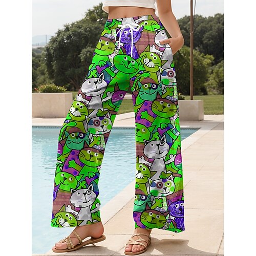 Damen Weites Bein Chinos Baggy-Hosen Strandshorts Urlaub Vintage Mode Volle Länge Hohe Taille Grafik Tiermotiv Katze Drucken Weich Atmungsaktiv Mikroelastisch Lässig Täglich Outdoor Blau Gelb Rote Image