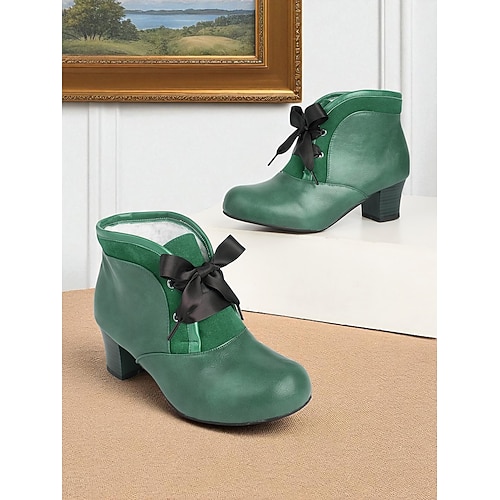 Burgunderfarbene Stiefeletten für Damen im viktorianischen Stil des 20. Jahrhunderts – Stiefeletten aus Kunstleder mit Schnürung und Absatz und Schleife für den Alltag und Vintage-Outfits Image