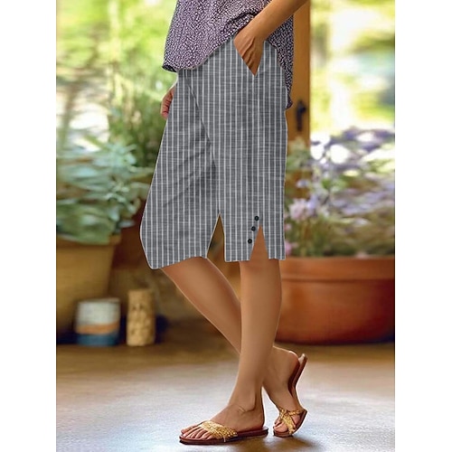 Damen Kunstbaumwollleinen Chinos Schnitt Streetwear Lässig Knielang Hohe Taille Einfach Tasche Drucken Atmungsaktivität Weich Mikroelastisch Urlaub Straße Alltagskleidung Wein Weiß Gelb Rote Herbst Image