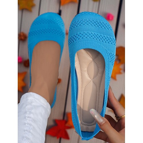 Gelbe Flyknit-Ballerinas mit breiter Zehenpartie für Damen – atmungsaktive Freizeitschuhe für die Arbeit, Reisen und Frühlingsausflüge Image