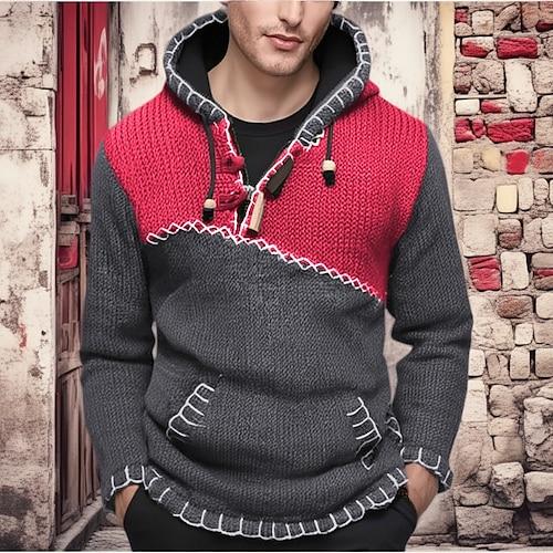 Herren Pullover Gerippt Stricken Normale Oberteile Gestrickt Schmale Passform Farbblock Mit Kapuze Strickware Zeitgenössisch Lässig Alltagskleidung Bekleidung Herbst Gelb Rote M L XL