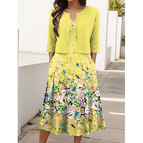 Damen Kleid-Set A Linie Kleid Sommerkleid Lässig Halbformelle Kleider Ombre Blumen Druck Midikleid Halbarm V Ausschnitt Urlaub Date Blau Gelb Rosa Sommer Frühling Normale Passform Image