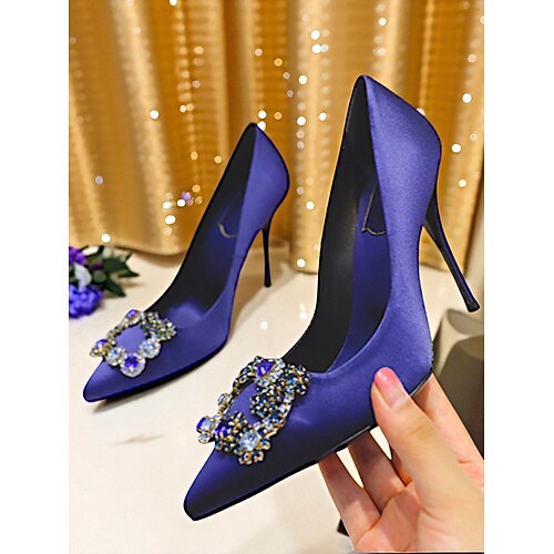 Damen-High-Heels aus goldenem Satin mit spitzer Zehenpartie – elegante Pumps mit Strassschnalle für Cocktailpartys und Abendveranstaltungen Image