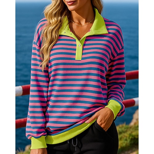 Damen Streifen Pullover Lässige Oberteile Herbst Aufeinanderprallende Farben Mode Langarm Athleisure Winddicht Wandern Laufen Training Gelb Rote Blau Sportbekleidung Sportkleidung Image