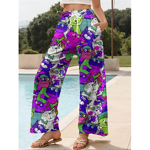Damen Weites Bein Chinos Baggy-Hosen Strandshorts Urlaub Vintage Mode Volle Länge Hohe Taille Grafik Tiermotiv Katze Drucken Weich Atmungsaktiv Mikroelastisch Lässig Täglich Outdoor Blau Gelb Rote Image