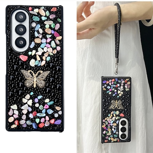 Handy Hülle Handyhüllen Für Samsung Galaxy Z Fold 7 Z Fold 6 Z Fold 5 Z Fold 4 Rückseite mit Trageriemen Bling Glitzer glänzend Stoßfest Schmetterling Retro PC Image