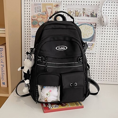 Zaino scolastico per ragazze adolescenti con portachiavi in peluche – zaino casual di grande capacità con tasca trasparente per il ritorno a scuola