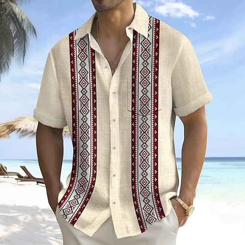 Herren Geometrisch Gestreift Hemd Sommerhemd Knopfhemd Kurzarm Ethnisch Urlaub Ferien Streetwear Sommer Umlegekragen 3D-Druck Eine Tasche vorne Leinenähnliches Hemd Khaki Image