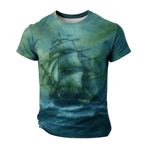 Herren Schiff T Shirt Kurzarm T-Shirt 3D-Druck Rundhalsausschnitt Hemd Retro Vintage Vintage-Retro Party Lässig Täglich Braun Grün Sommer Frühling Ganzjahres Bekleidung S M L XL XXL XXXL Image