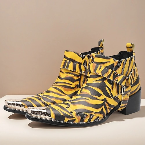 Gelbe Herrenstiefel mit Tiger-Print – auffällige Stiefel aus Rindsleder mit markantem Muster für mutige Mode – perfekt für Statement-Kleidung und Partys Image