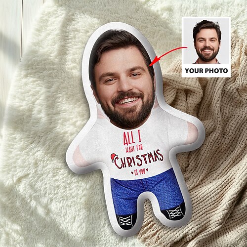 Weihnachtsbenutzerdefiniertes Gesichts-Kissen personalisiertes Foto Minime Wurfkissen humanoides Kissen lustiger Scherz-Weihnachtsgeschenk für ihn und sie Mini-Me-Puppe Spielzeug Image