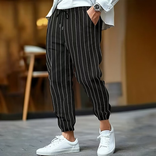 Herren Leinenhosen Hose Sommerhose Tasche Elastischer Bund Kordelzug Gestreift Komfort Atmungsaktiv Volle Länge Outdoor Geschäft Täglich Urlaub Geschäftlich Schwarz Weiß Image