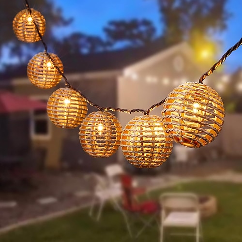 Dekorative Laternen-Lichterkette im Rattandraht-Ball-Stil – 10 Lichter, Globus-Rattan-Korbkugel-Lichterkette für drinnen und draußen, Terrasse, Lichterkette für Zuhause, Pergola, Veranda, Party, Image