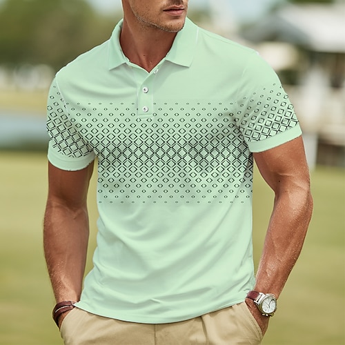 Herren Geometrisch Polo Kurzarm Polo-Shirts Hemden mit Kragen Business-Casual Athleisure Alltagskleidung Knöpfe Sommer Blau Weiß Grün Image