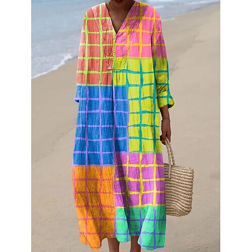 Womens Midi Kleid V-Ausschnitt Lange Ärmeln Kaftan Leicht Loose Fit Lässiges Kleid A-Linie Kleid Lässig Boho Party Loose Fit Grafik Geometrisch Abstrakt Lange Ärmeln V-Ausschnitt Gelb Pink Blau Braun Image