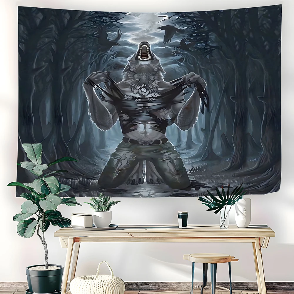 1-teiliger Werwolf-Fantasy-Welt-Wandteppich, surrealer Werwolf in Vollmond-Transformation, folkloristisch, Wandbehang für Schlafzimmer, Wohnzimmer Image