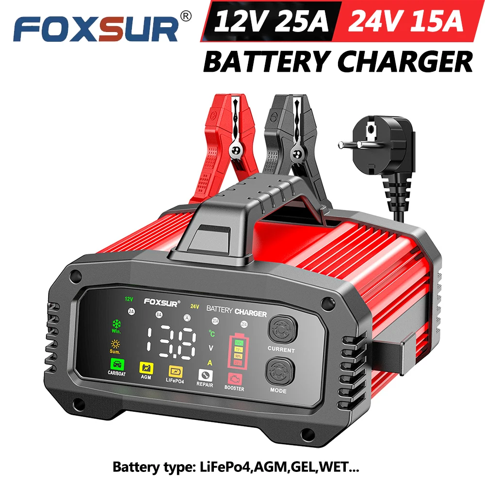 FOXSUR 12V 25A 24V 15A FPT-250 Autobatterieladegerät Hochleistungs-Blei-Säure-LiFePo4 GEL AGM für Motorräder mit Booster-Funktion Image
