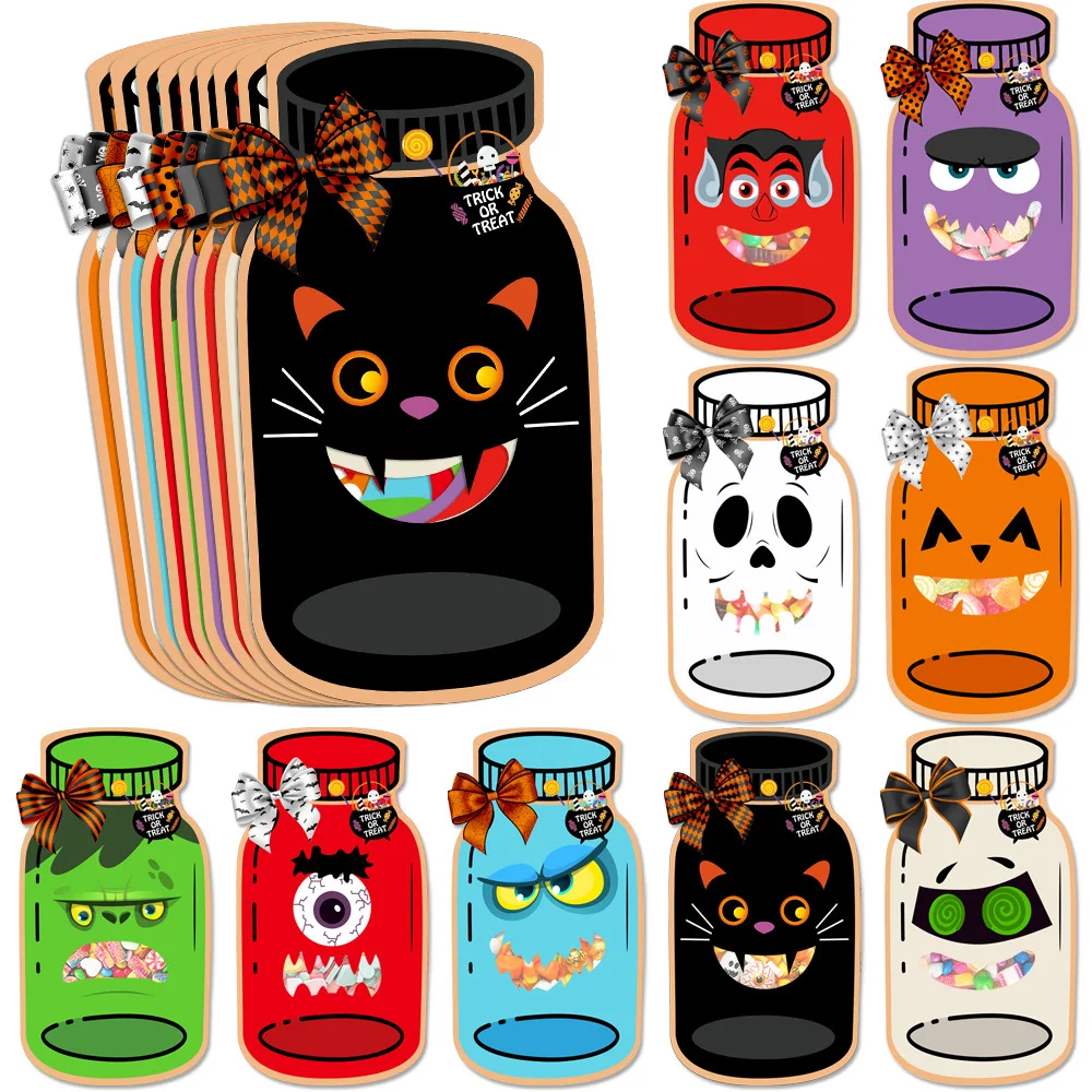 9/18 Stück Halloween Cartoon Geschenk Süßigkeiten Flasche Kartentasche Fledermaus Schloss Kürbis Skelett Süßes oder Saures Taschen Happy Halloween Kindergeschenke Image