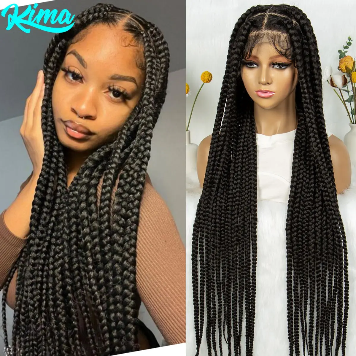 Volle Spitze geflochtene Perücken 36 Zoll synthetische Spitze vorne knotenlose Box geflochtene Spitzenperücken natürliche Flechthaarperücken für schwarze Frauen Image