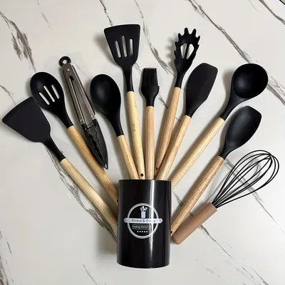 12-teiliges Set, Silikon-Safe-Set, antihaftbeschichtetes Kochutensilien-Set mit Holzgriff, modernes waschbares Kochgeschirr, Zubehör, kleine Werkzeuge