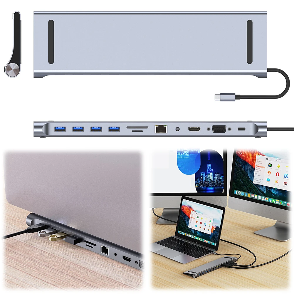 11-in-1-Typ-C-Hub mit 4K-HDMI-kompatiblem VGA-Ethernet-Multiport-Adapter 1* USB 3.0 3*USB2.0 für Surface/HP/Dell/Lenovo/MacBook Image